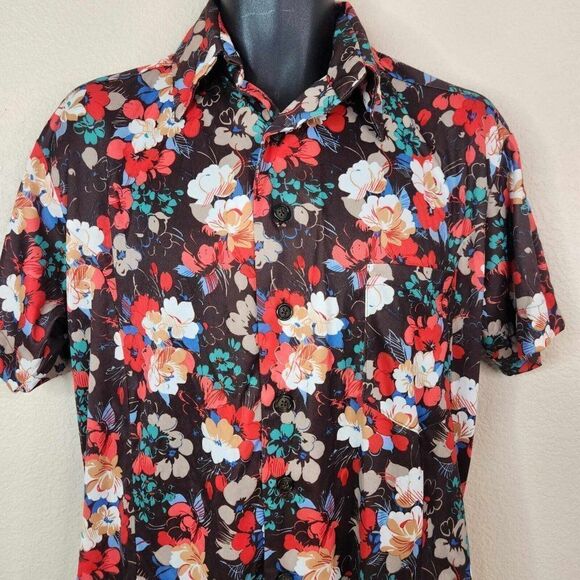Vintage 70s Button Up Shirt Mens Size M Red Brown Floral Polyester Dagger Collar - Picture 2 of 8
